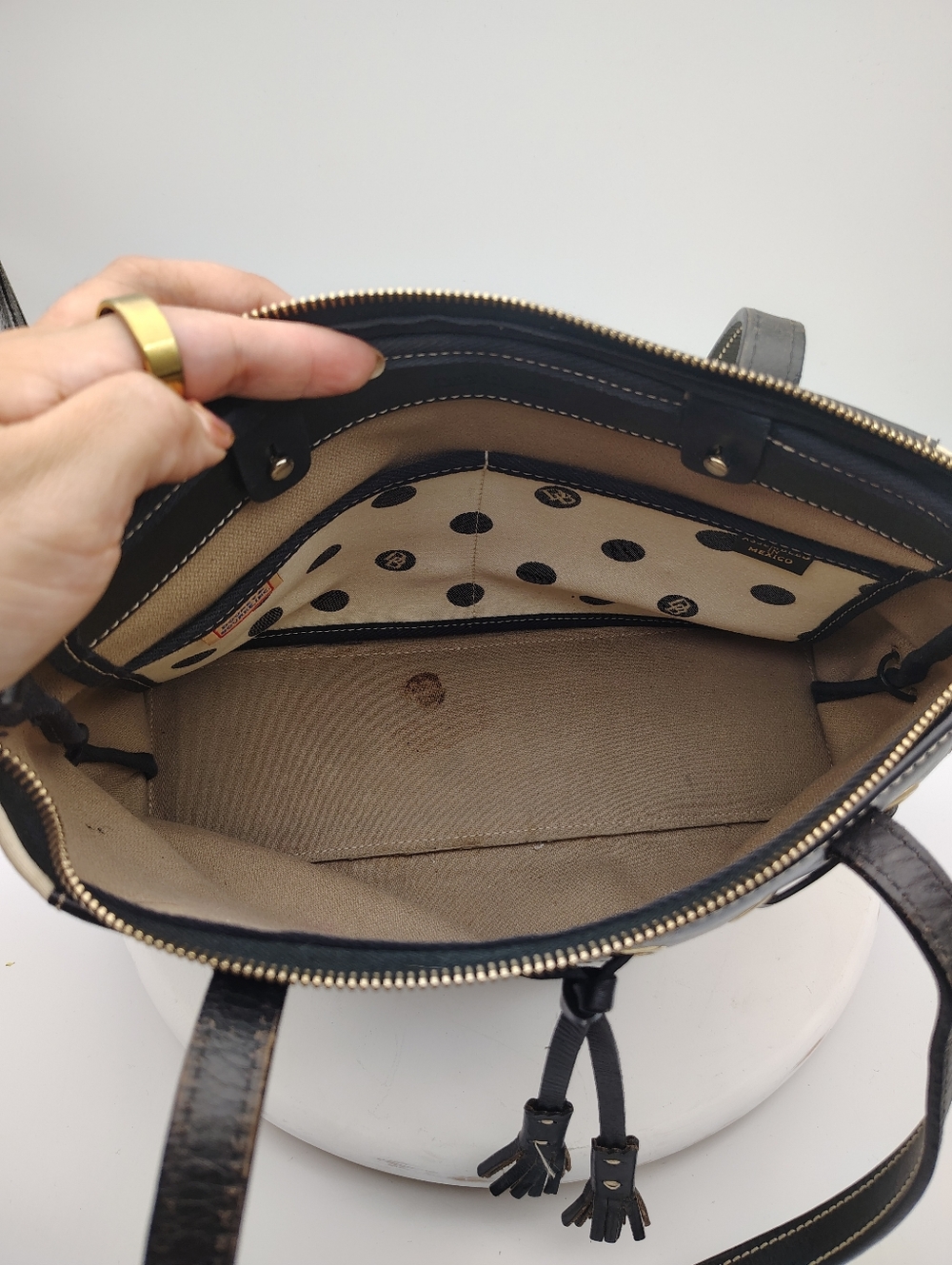 Dooney & Bourke Polka Dot Tote Bag with Tassel Detail - Black and Cream Combo - Picture 12 of 15